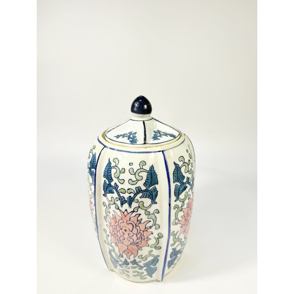 Ginger Temple Jar Lidded Vintage Chinoiserie Blue White Pink Rose pattern Home S - Picture 3 of 16